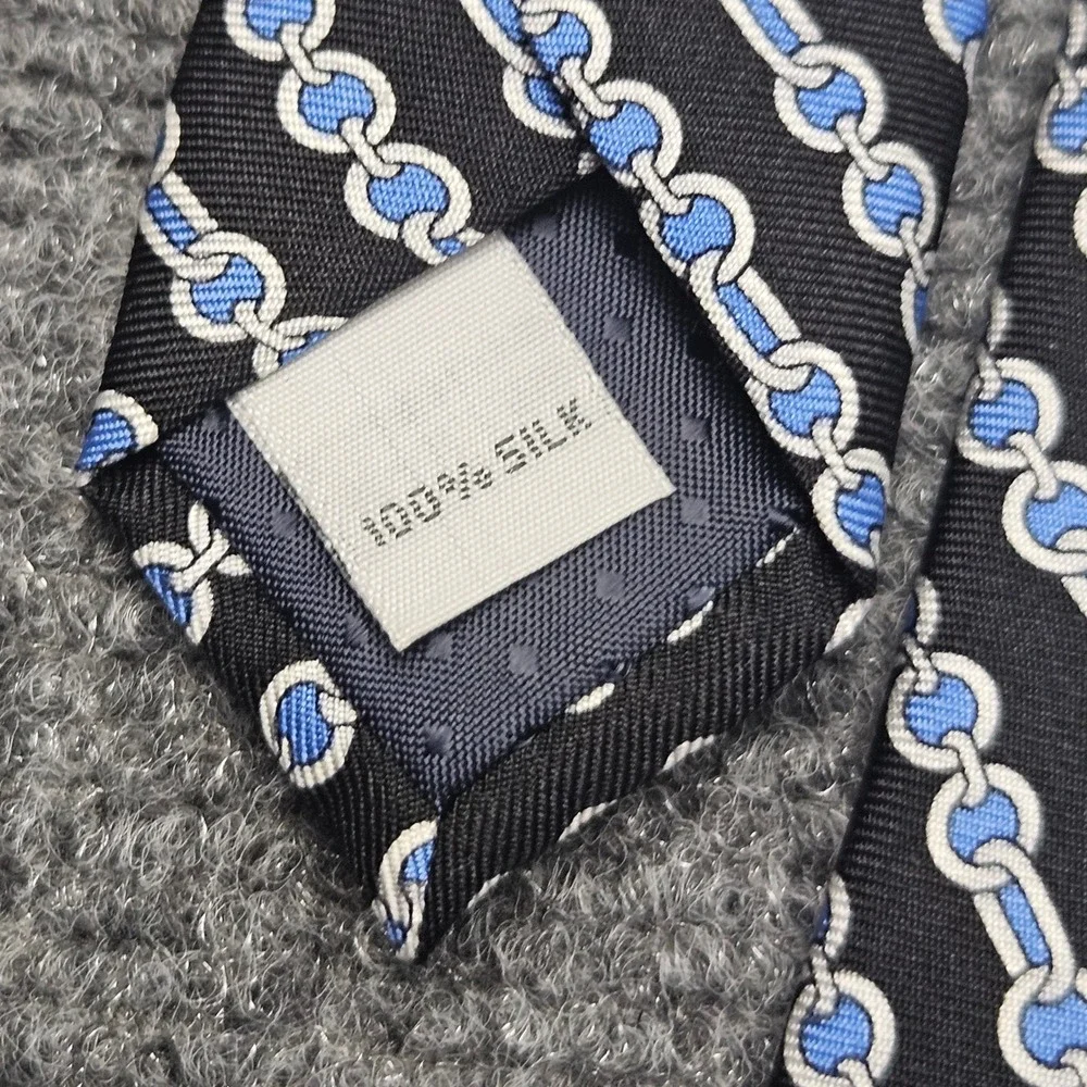 Burma‎ Bibas Silk Tie Black Blue Chain Link Pattern 100% Silk Classic Neckwear